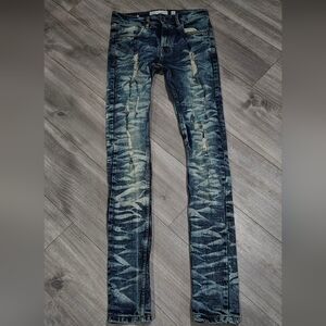 Stylish Blue Bleach Distressed Men's Straight Leg Jeans With Rips 29 X 34